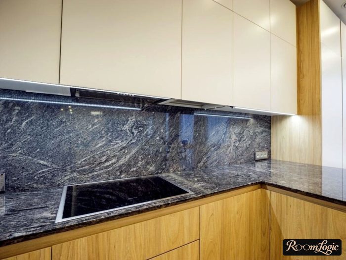 countertop and backsplash of kitchen made of porcelain tile