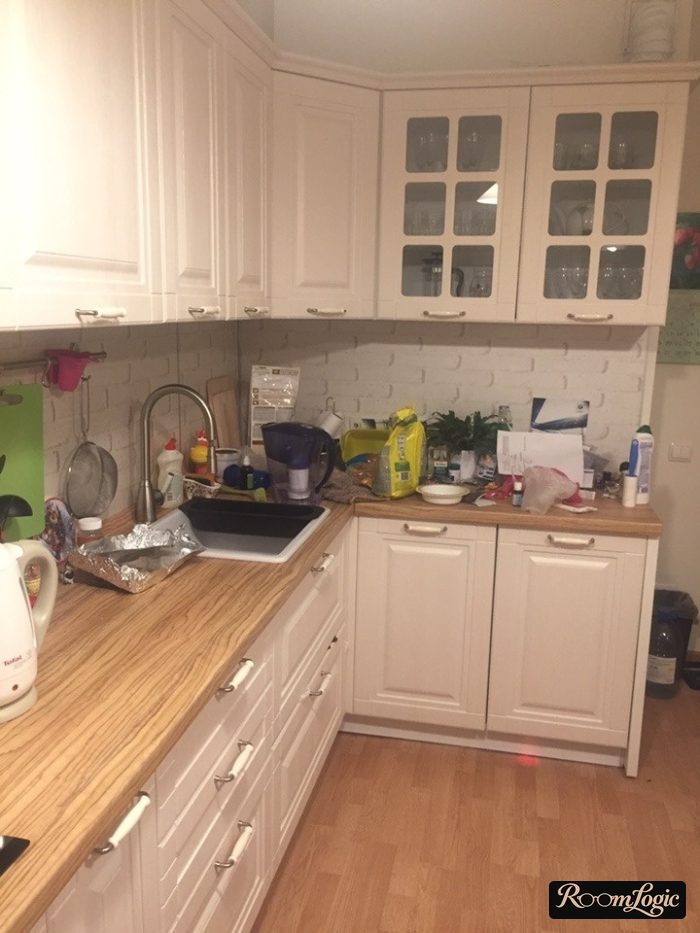 countertop and wood-look floor in a neoclassical kitchen