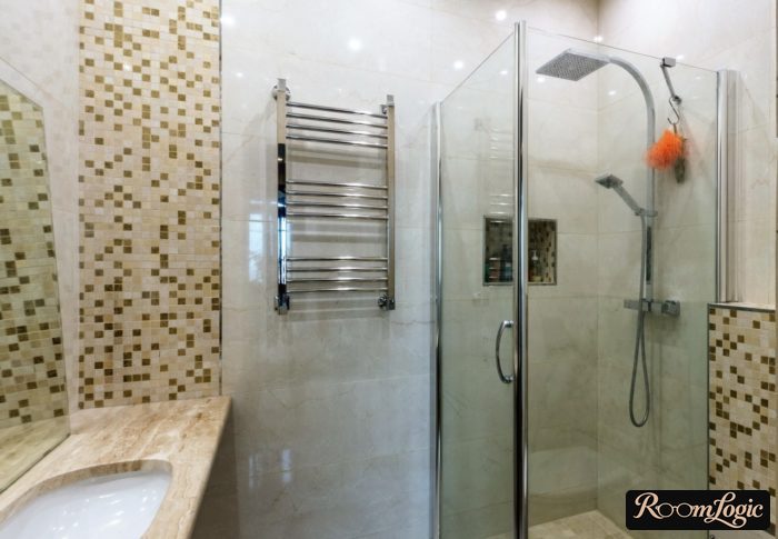 countertop from stone with built-in sink in bathroom