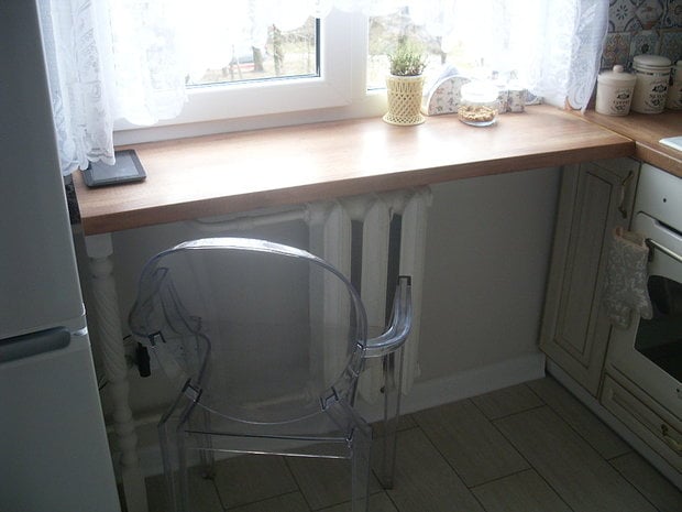 countertop over heater in tiny apartment