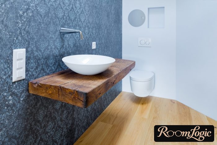 countertop under sink from solid wood in bathroom
