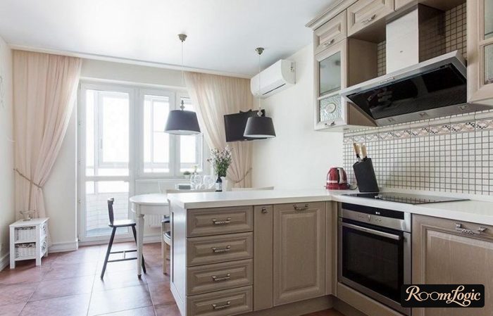 creme kitchen in provence style with dining area