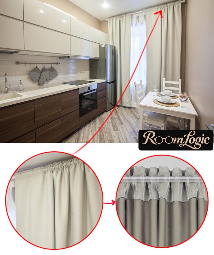 curtains on a curtain rod in the kitchen with a balcony door