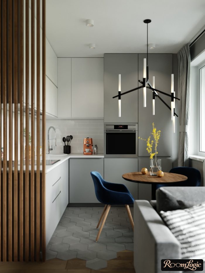 curtains on a hidden hinge rod in a kitchen with a balcony door