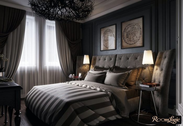 dark art deco styled bedroom