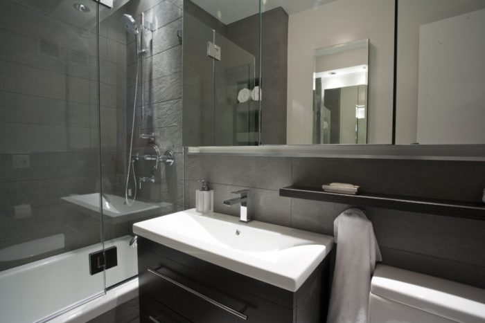 dark black tile in combined bathroom