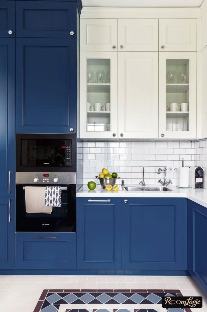 dark blue corner kitchen in neoclassical style