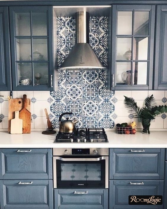 dark blue kitchen in neoclassical style