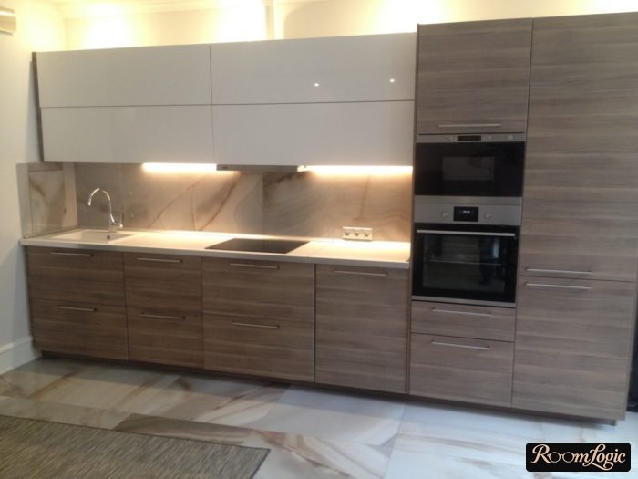 dark brown wood in white kitchen
