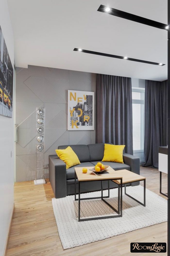 dark curtains in a Scandinavian living room