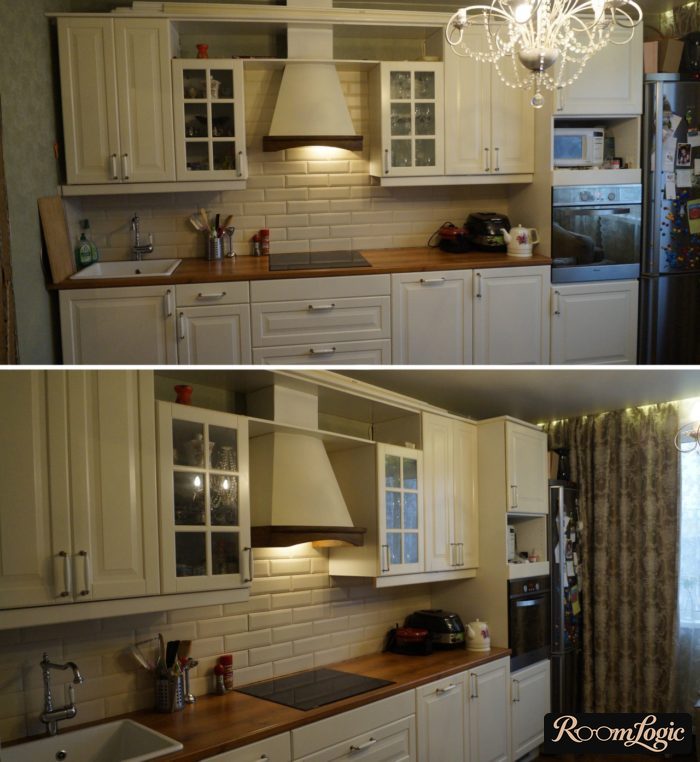 dark curtains in the interior of a light kitchen