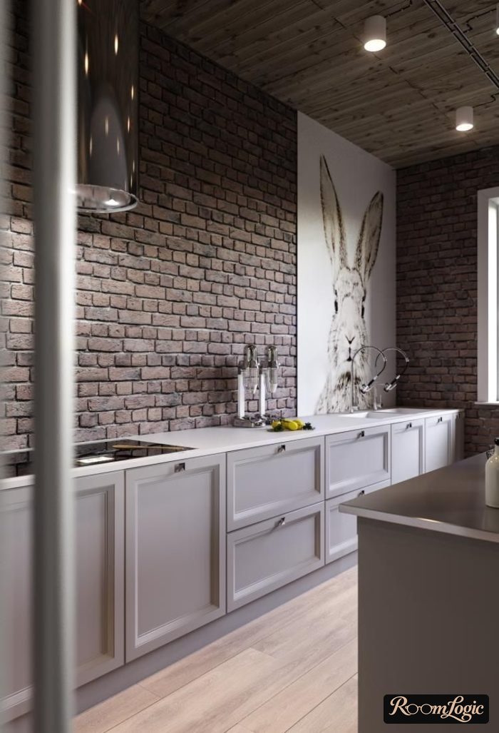 dark gray brick in a loft-style kitchen interior