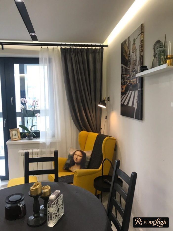 dark gray curtains in a gray kitchen