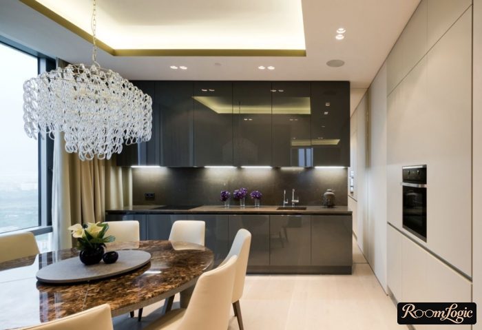 Dark gray glossy kitchen without handles
