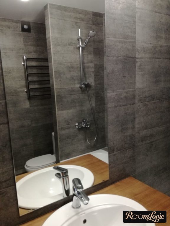 Dark gray tile in the bathroom in loft style