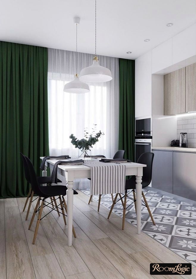dark green curtains in modern kitchen interior