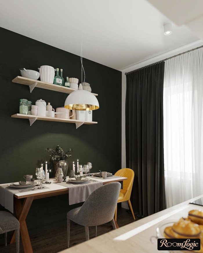 dark green curtains on the kitchen with a balcony on one side
