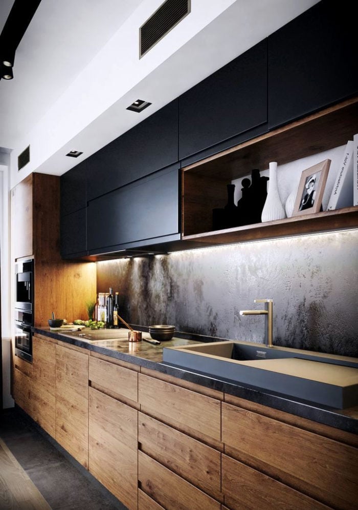 dark wood and black kitchen design