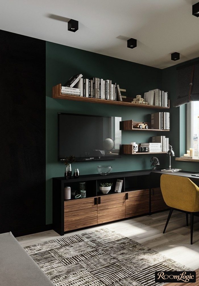 dark wood and green color in the interior