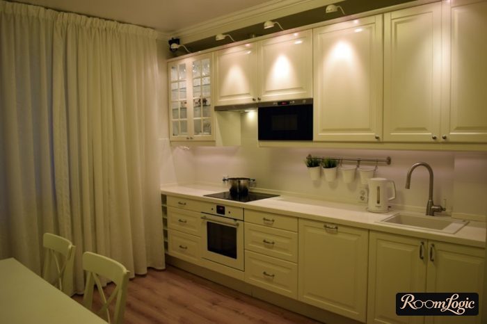 dense white sheer curtain on the kitchen in neoclassical style