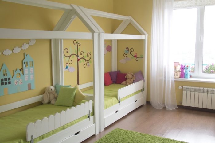 design for twin beds in a row for a mixed gender kids' room