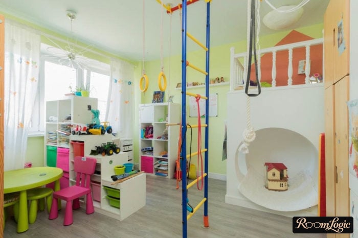 design idea for kids' room with white furniture and a sports corner