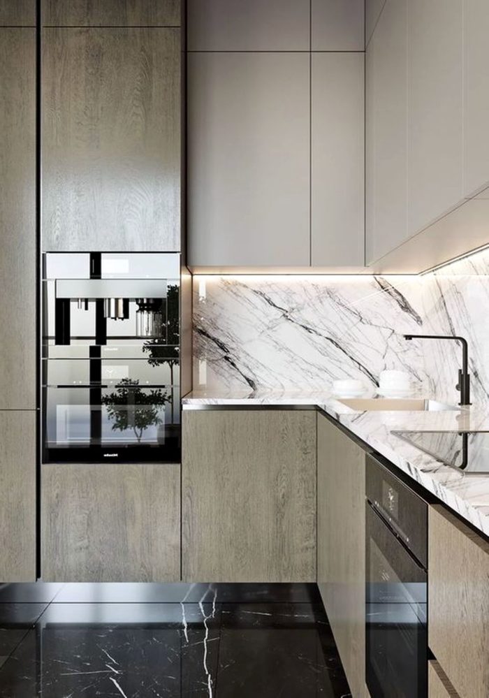 design kitchen with marble countertop and backsplash