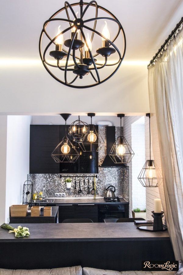 design lights in the kitchen-living room interior