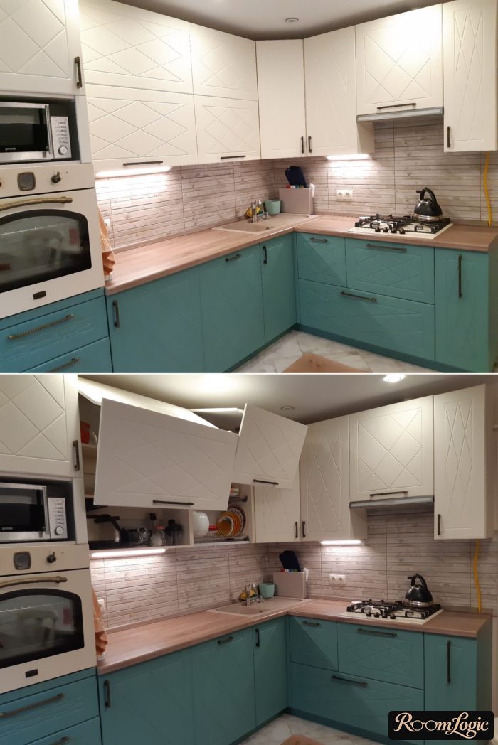 design of a 100 square feet corner kitchen with a sink in the corner