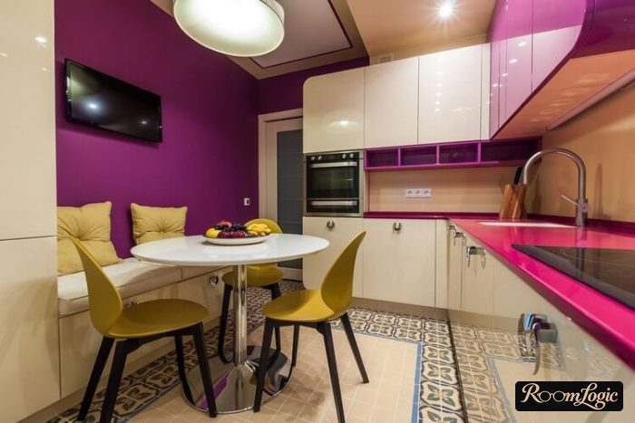 design of a 100 square feet white and pink kitchen