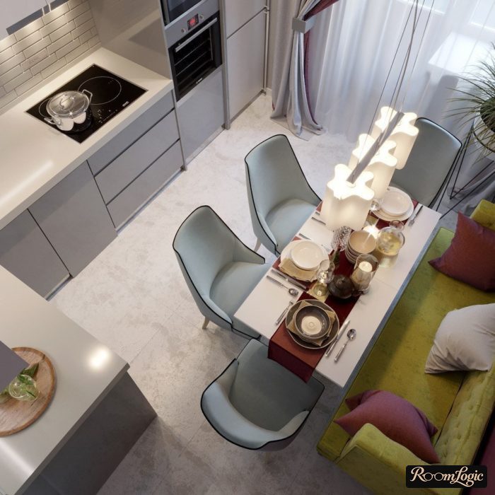 design of a 100 square feet kitchen with a refrigerator