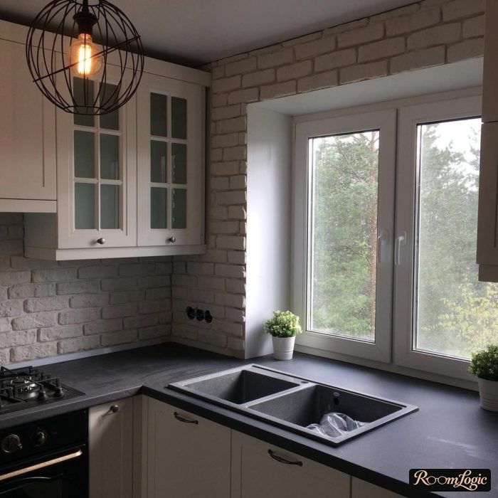 design of a 65 square feet kitchen with a gas water heater