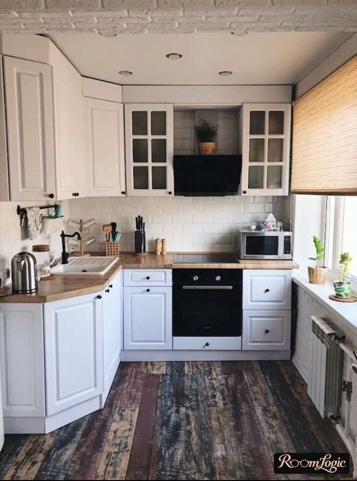 design of a 65 square feet kitchen with a refrigerator