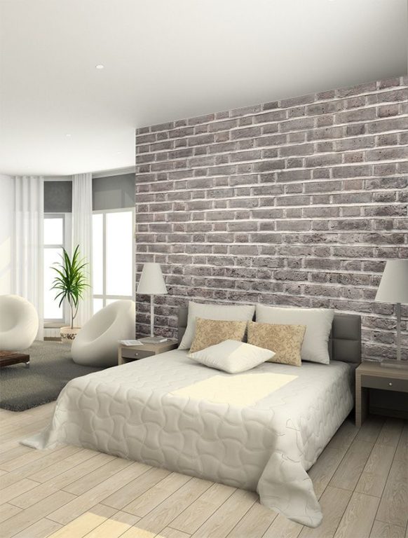 design of a bedroom with gray brick wallpaper
