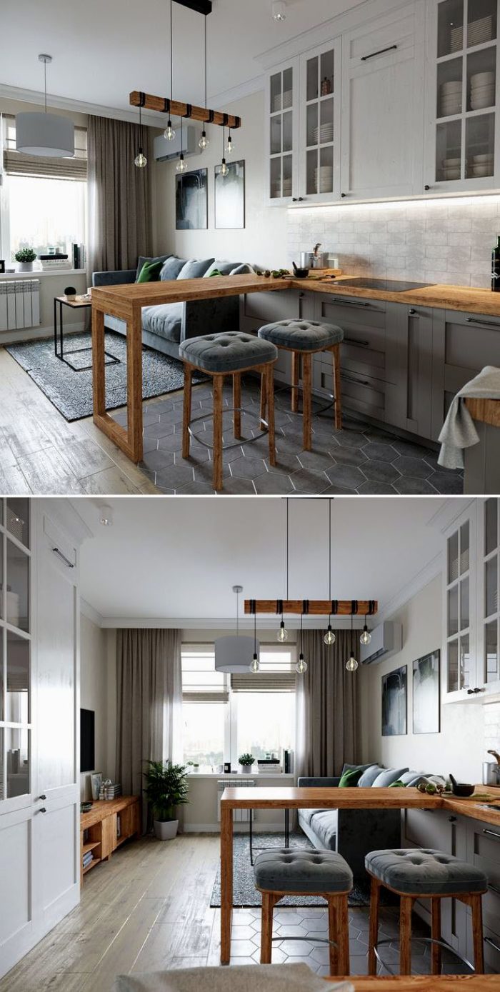design of a gray kitchen-living room