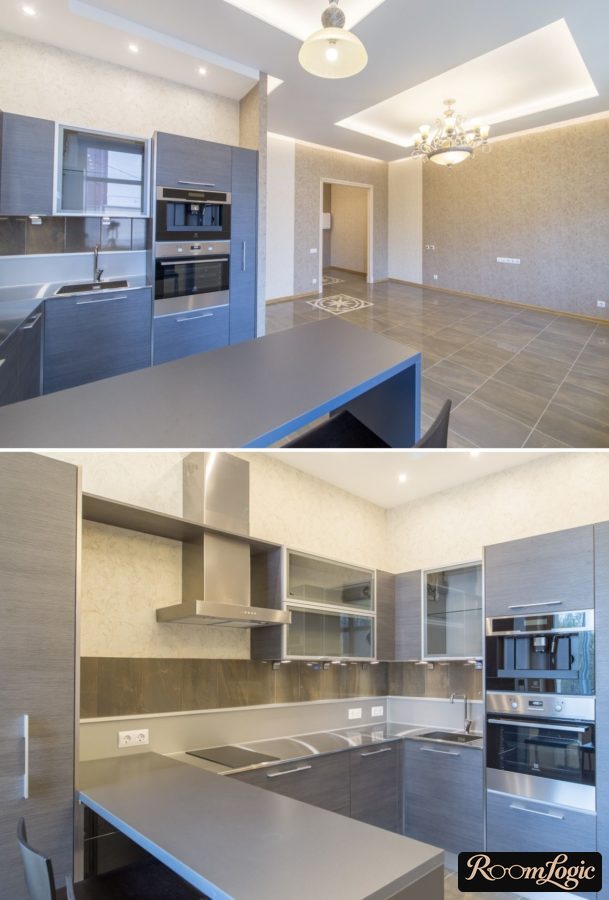 design of a gray kitchen with a bar counter made of particleboard