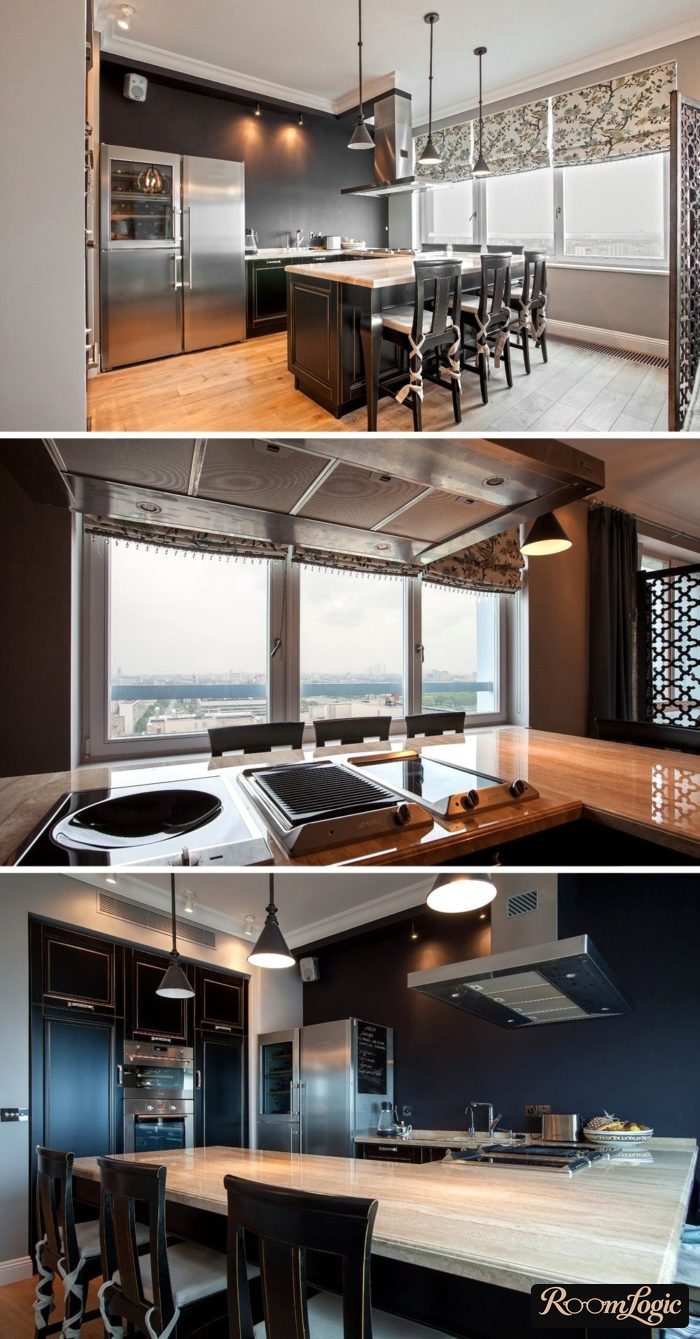 design of a kitchen for a bachelor with a breakfast bar island