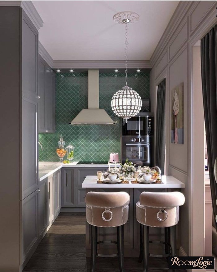 design of a kitchen in gray with green tones