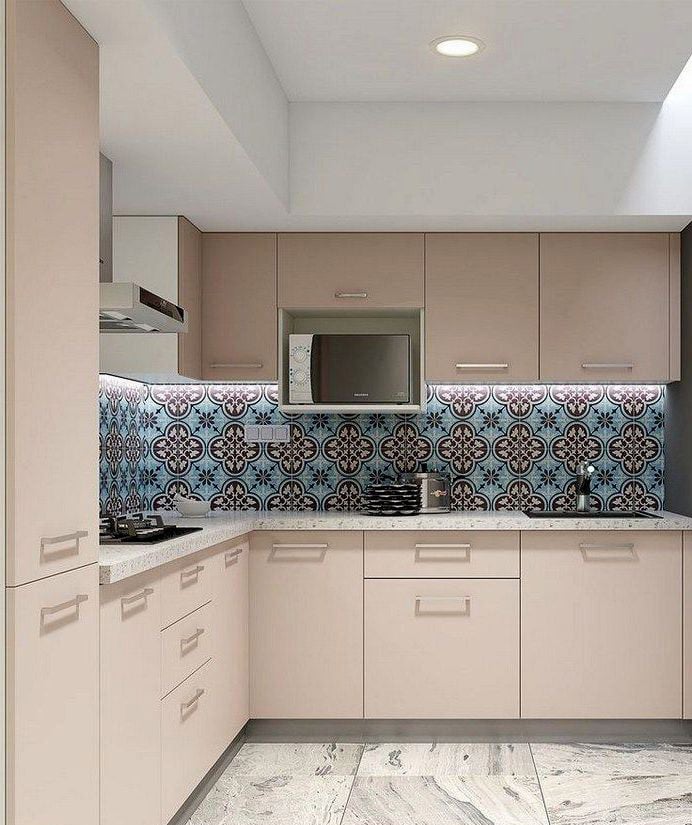 design of a kitchen with matte beige cabinets
