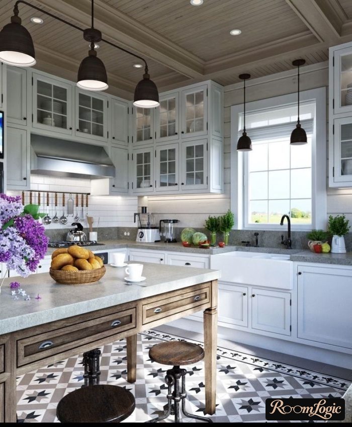 Design of a Provence-style kitchen in a suburban home with a wooden ceiling