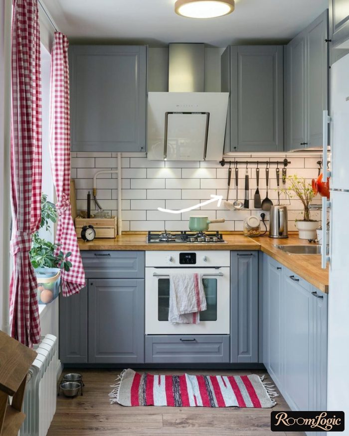 design of a small 65 square feet kitchen with a refrigerator