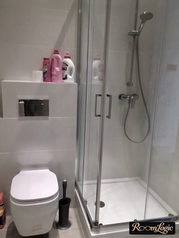 design of a small bathroom with a square shower enclosure
