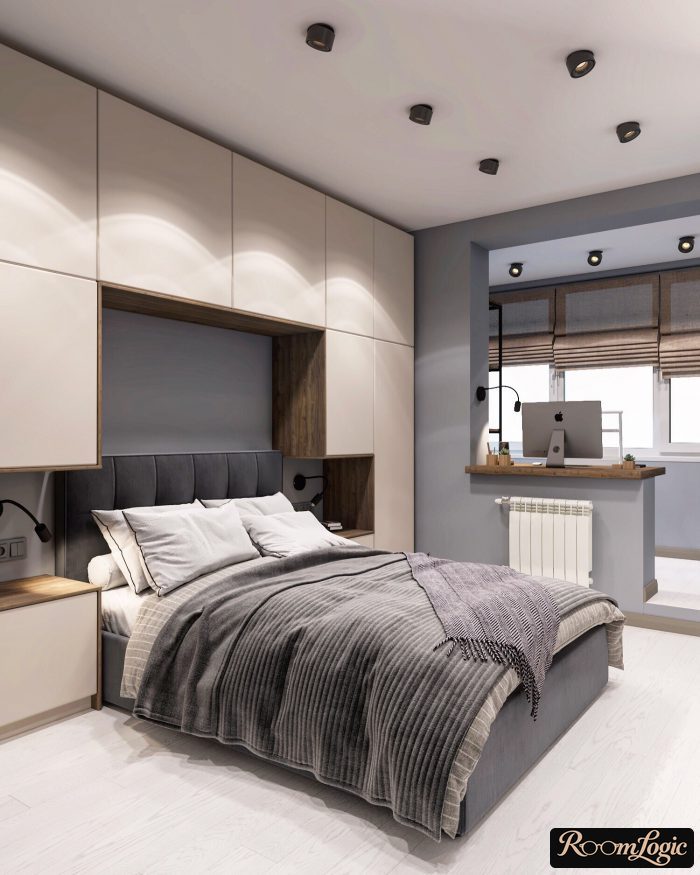 design of a small bedroom with a bed surrounded by a closet