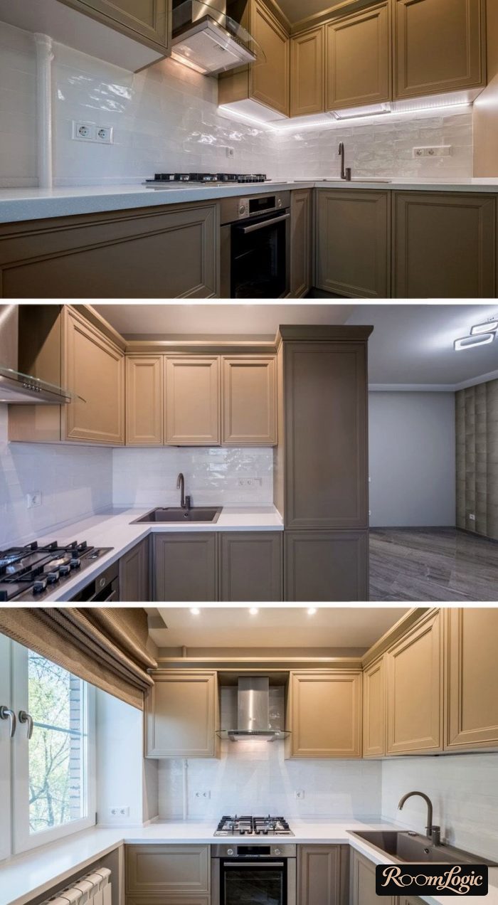design of a small gray kitchen in neoclassical style