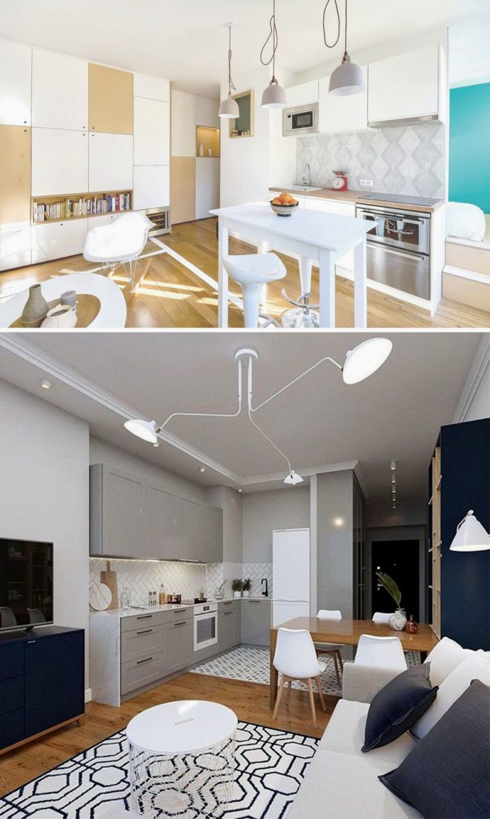 design of a small kitchen-living room in minimalism style