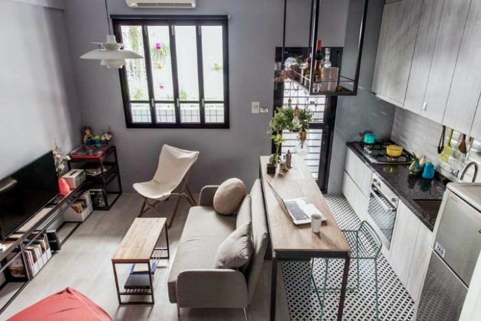 design of a small kitchen-living room in scandi style