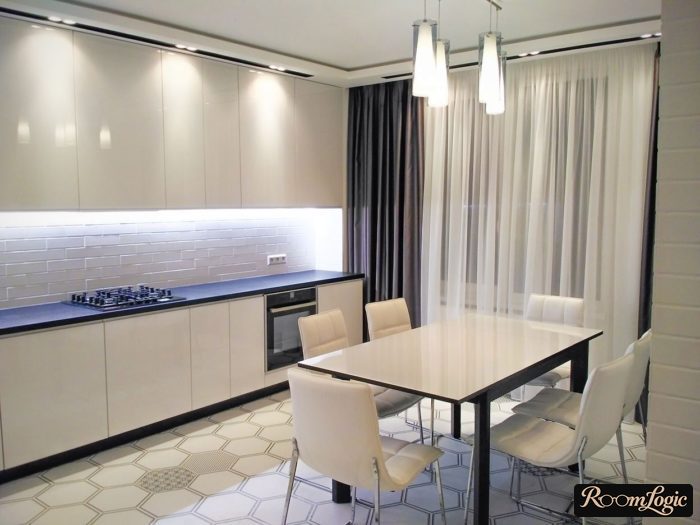 design of a white kitchen with gray curtains and sheer curtain