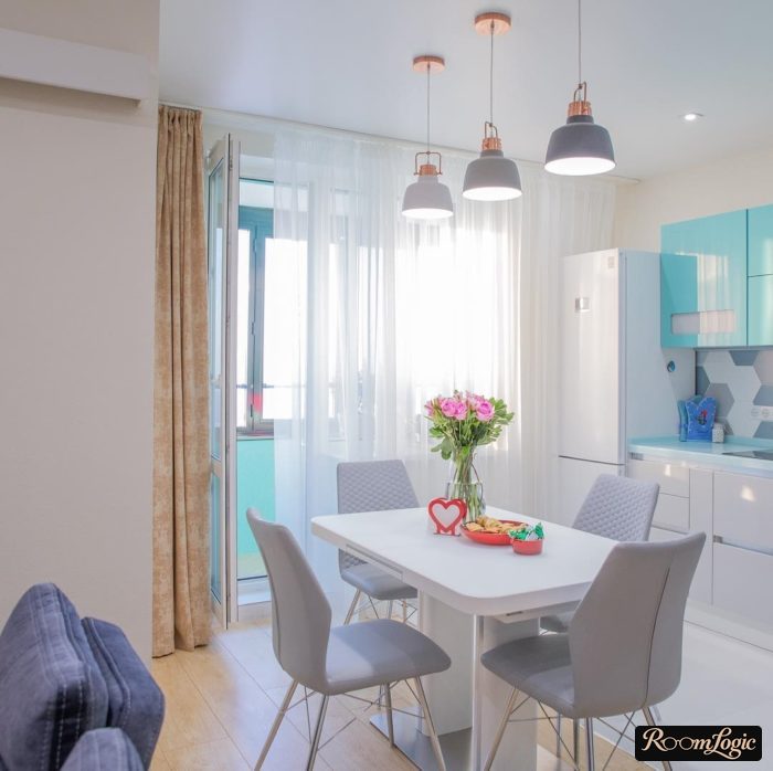 design of curtains for a modern kitchen with a balcony door