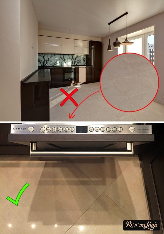 design of kitchen floor with rectified tile and gray grout and regular