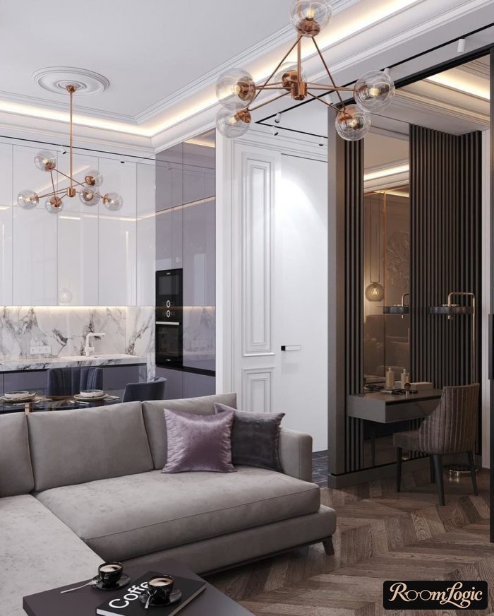 design of kitchen-living room with lilac accent